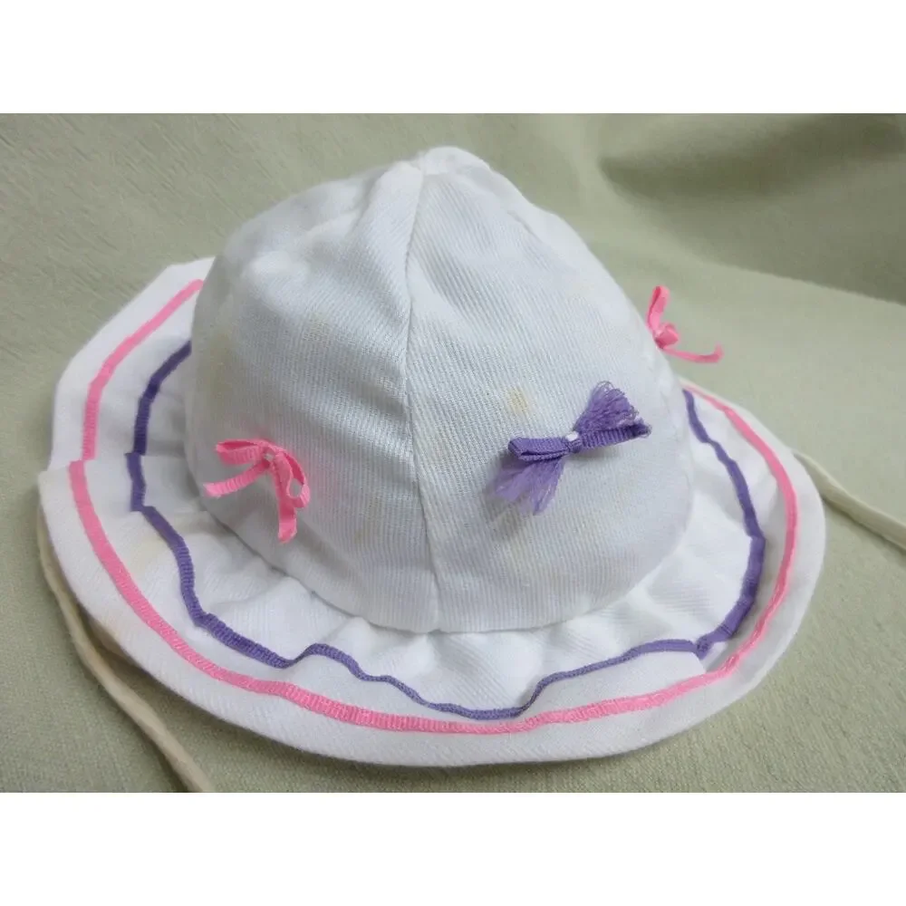 Vintage Beach Baby Bucket Retro Sun Hat- White w/ Pink & Purple Ribbons & Bows